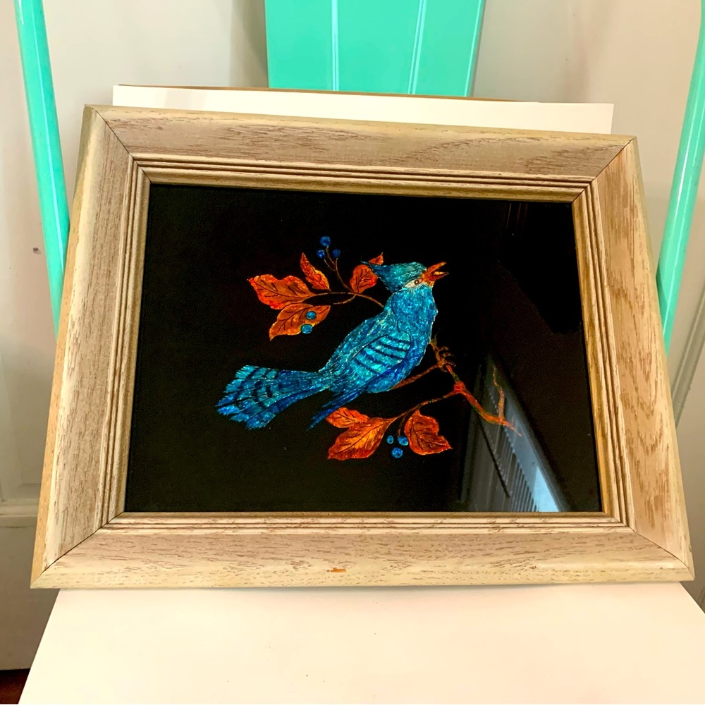 Vintage Framed Blue Jay on Branch Tinsel Foil Folk Art